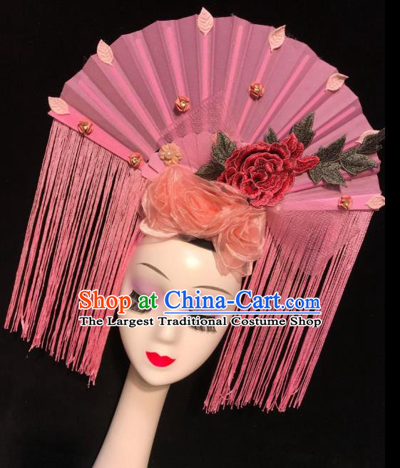 Handmade Chinese Ancient Bride Pink Fan Tassel Phoenix Coronet Traditional Wedding Hair Accessories Stage Performance Silk Flowers Hat