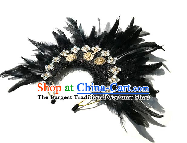 Handmade Stage Show Headdress Halloween Cosplay Hair Accessories Gothic Queen Black Feather Royal Crown