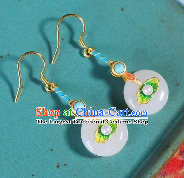 Handmade Chinese Ancient Empress White Jade Earrings Jewelry Traditional Qing Dynasty Court Enamel Lotus Leaf Ear Accessories