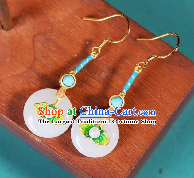 Handmade Chinese Ancient Empress White Jade Earrings Jewelry Traditional Qing Dynasty Court Enamel Lotus Leaf Ear Accessories