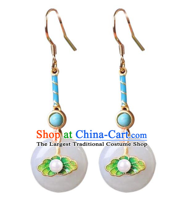 Handmade Chinese Ancient Empress White Jade Earrings Jewelry Traditional Qing Dynasty Court Enamel Lotus Leaf Ear Accessories