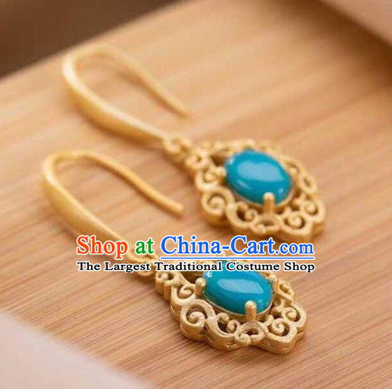 Handmade Chinese Traditional Kallaite Ear Accessories Cheongsam Golden Earrings Jewelry