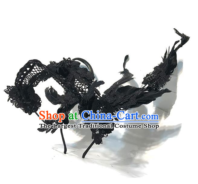 Handmade Stage Show Black Feather Headdress Halloween Cosplay Hair Accessories Gothic Queen Lace Royal Crown