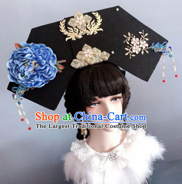 China Traditional Giant Headwear Ancient Imperial Consort Hair Accessories Qing Dynasty Manchu Peony Hat