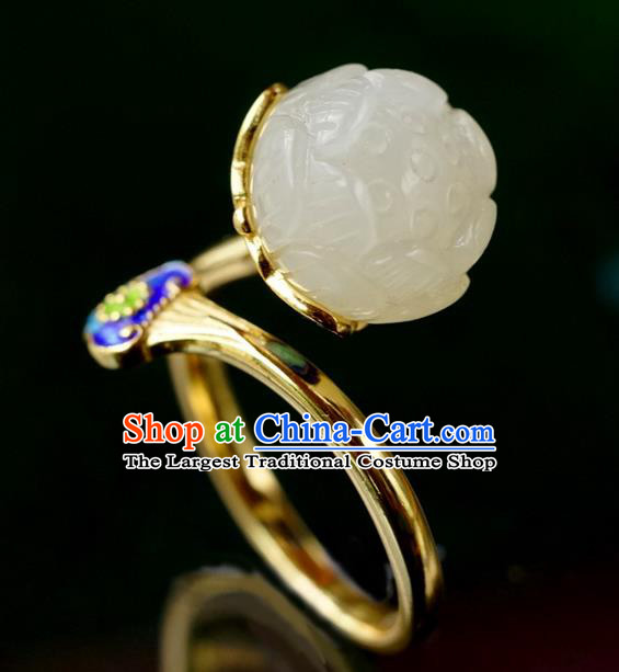 China Ancient Court Queen White Jade Lotus Seedpod Ring Traditional Cloisonne Jewelry Accessories