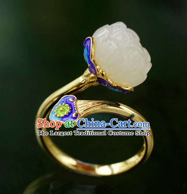 China Ancient Court Queen White Jade Lotus Seedpod Ring Traditional Cloisonne Jewelry Accessories