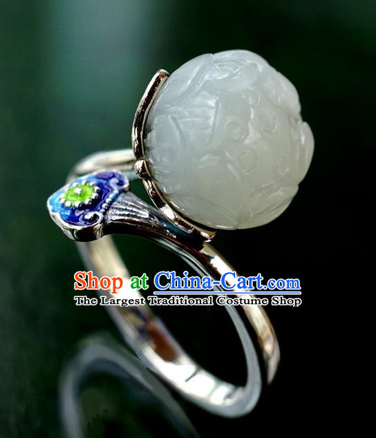 China Traditional Cloisonne Silver Jewelry Accessories Ancient Court Queen White Jade Lotus Seedpod Ring