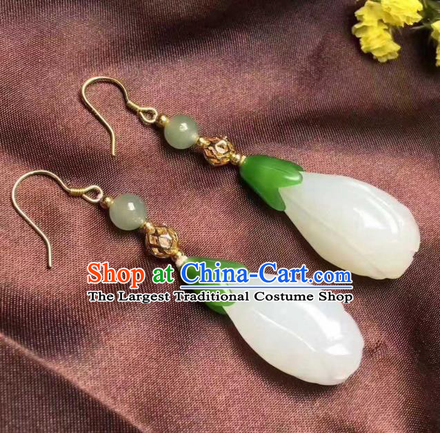 Handmade Chinese Traditional Ear Accessories Classical Qing Dynasty Court Jade Mangnolia Earrings Jewelry