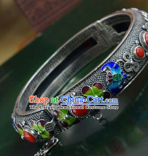 China Traditional Handmade Cloisonne Bat Bracelet National Silver Bangle Accessories