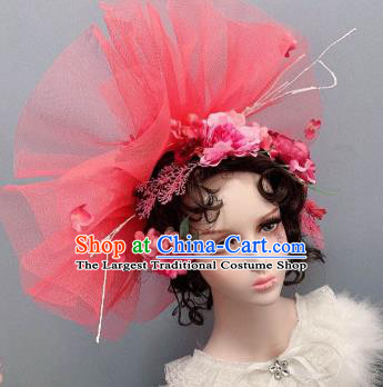 Europe Princess Watermelon Red Veil Top Hat Noble Lady Wedding Hair Accessories Handmade Stage Show Headwear