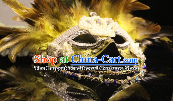 Top Stage Performance Yellow Feather Face Accessories Fancy Ball Decorations Halloween Cosplay Mask Crystal Blinder
