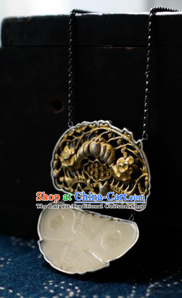 Handmade China Carving Lotus Accessories Traditional Necklace Pendant National Women White Jade Butterfly Jewelry