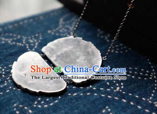 Handmade China Carving Lotus Accessories Traditional Necklace Pendant National Women White Jade Butterfly Jewelry