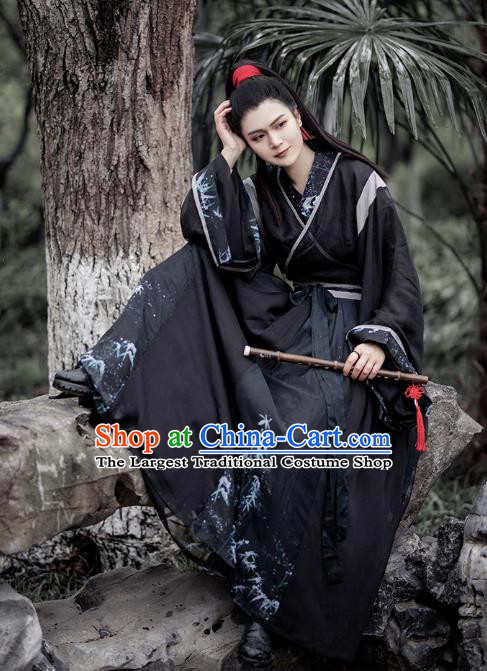 China Jin Dynasty Scholar Historical Clothing Traditional Hanfu Costume Ancient Swordsman Black Apparels for Men