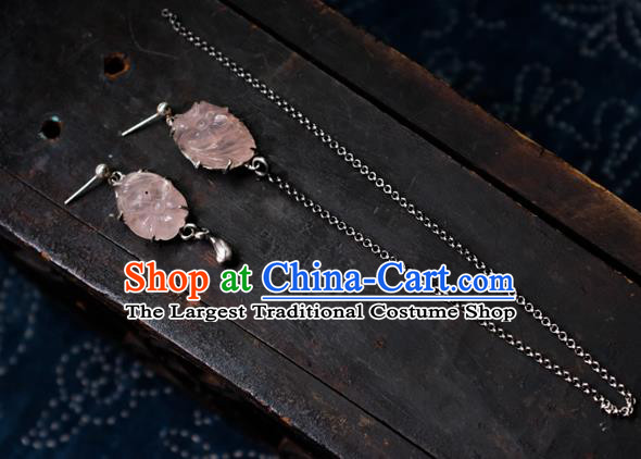 China Handmade Pink Jade Ear Accessories Traditional Ear Stud Jewelry National Earrings