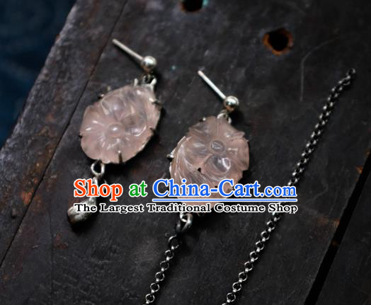 China Handmade Pink Jade Ear Accessories Traditional Ear Stud Jewelry National Earrings