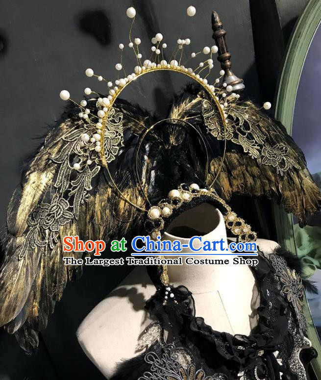 Handmade Stage Show Hair Clasp Brazilian Carnival Cosplay Queen Headwear Halloween Black Feather Wings Hair Accessories