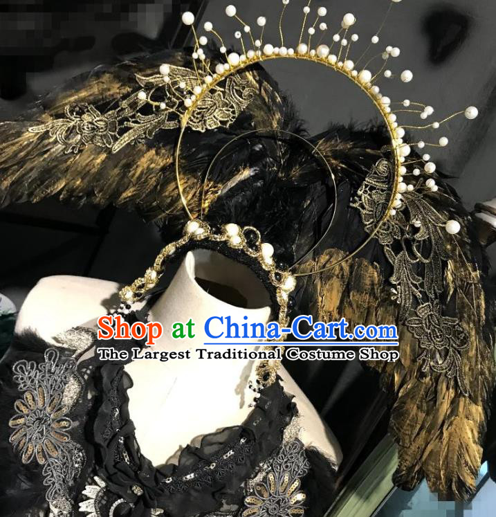 Handmade Stage Show Hair Clasp Brazilian Carnival Cosplay Queen Headwear Halloween Black Feather Wings Hair Accessories
