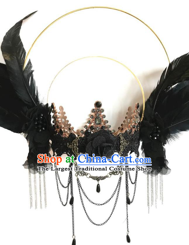 Handmade Brazilian Carnival Cosplay Goddess Queen Headwear Halloween Black Feather Wings Hair Accessories Stage Show Hair Clasp