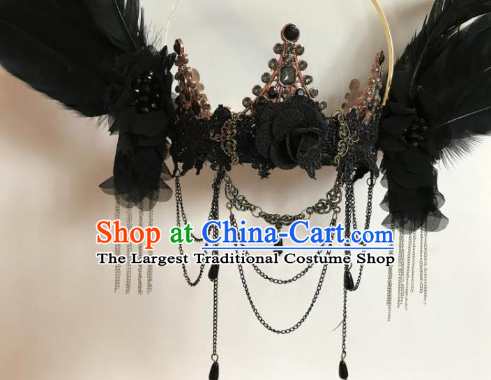 Handmade Brazilian Carnival Cosplay Goddess Queen Headwear Halloween Black Feather Wings Hair Accessories Stage Show Hair Clasp