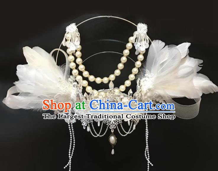 Handmade Cosplay Gothic Queen Royal Crown Stage Show Hair Clasp Halloween White Feather Wings Hair Accessories