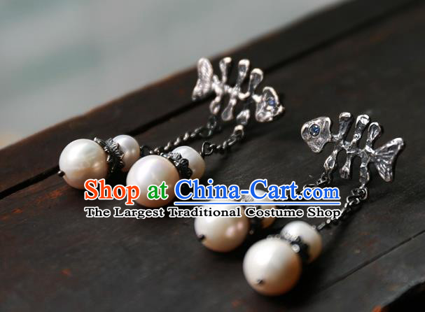 China Traditional Silver Jewelry National Fishbone Earrings Handmade Ear Accessories