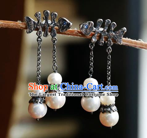 China Traditional Silver Jewelry National Fishbone Earrings Handmade Ear Accessories