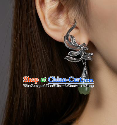 China Handmade Qing Dynasty Jade Mangnolia Ear Accessories Ancient Court Empress Earrings Traditional National Silver Jewelry