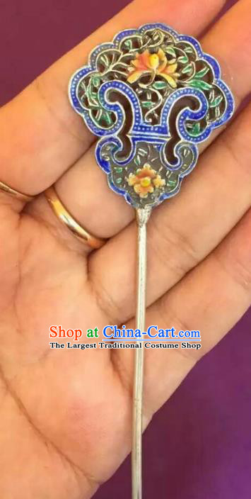 China Handmade Palace Hair Accessories Ancient Empress Cloisonne Hair Stick Traditional Qing Dynasty Silver Hairpin