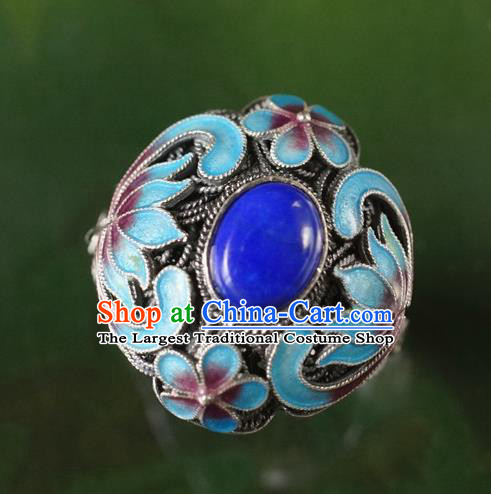 China Ancient Court Woman Lapis Jewelry Traditional Qing Dynasty Queen Cloisonne Ring Silver Accessories
