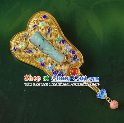 China Traditional Handmade Qing Dynasty Palace Golden Fan Brooch National Jade Breastpin Accessories