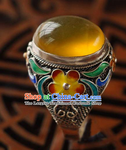 China Ancient Court Woman Opal Circlet Silver Jewelry Traditional Qing Dynasty Queen Enamel Plum Ring Accessories