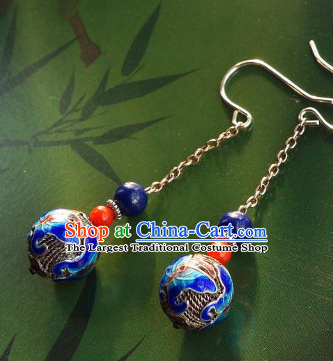 Handmade Chinese Ancient Empress Blueing Butterfly Ear Accessories Traditional Qing Dynasty Palace Silver Earrings Jewelry