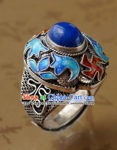 China Traditional Qing Dynasty Lapis Ring Accessories Ancient Court Woman Cloisonne Circlet Silver Jewelry