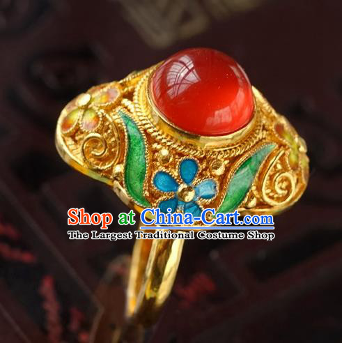 China Traditional Qing Dynasty Golden Ring Accessories Ancient Court Woman Carnelian Circlet Jewelry