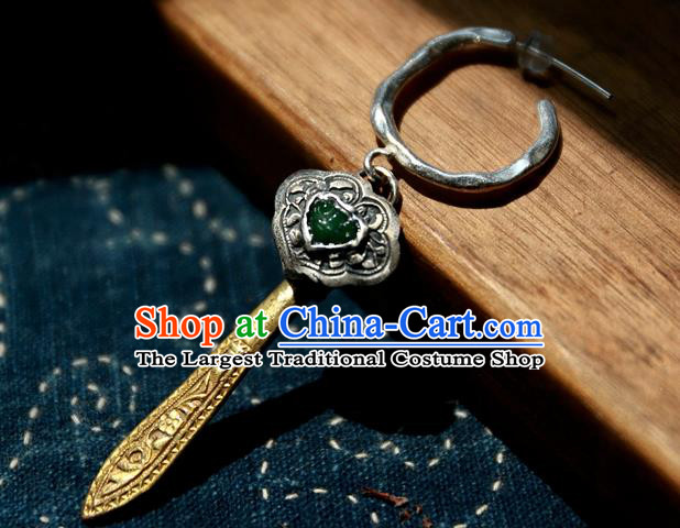 China Handmade Silver Carving Ear Accessories Traditional National Jewelry Ancient Qing Dynasty Court Empress Jade Golden Earrings
