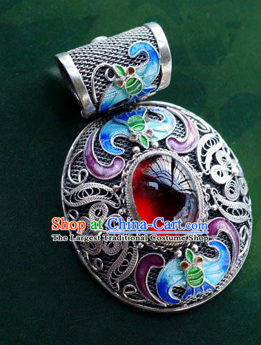 China Handmade Silver Necklace Pendant National Cloisonne Bat Jewelry Traditional Garnet Accessories