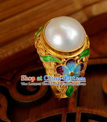 China Ancient Court Woman Golden Circlet Cloisonne Jewelry Traditional Qing Dynasty Pearl Ring Accessories