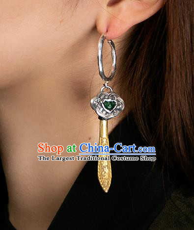 China Handmade Silver Carving Ear Accessories Traditional National Jewelry Ancient Qing Dynasty Court Empress Jade Golden Earrings