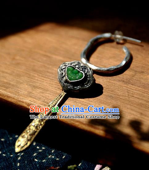 China Traditional National Jewelry Ancient Qing Dynasty Court Empress Jade Golden Earrings Handmade Silver Carving Ear Accessories