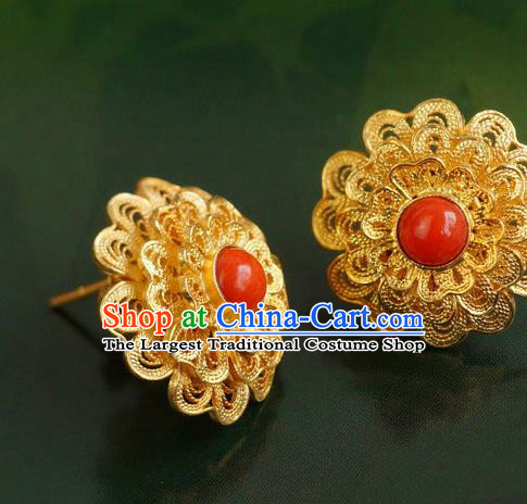 Handmade Chinese Ancient Empress Golden Ear Accessories Traditional Qing Dynasty Palace Ruby Earrings Jewelry