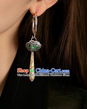 China Traditional National Jewelry Ancient Qing Dynasty Court Empress Jade Golden Earrings Handmade Silver Carving Ear Accessories