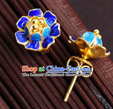 Handmade Chinese Traditional Enamel Royalblue Peony Earrings Jewelry Cheongsam Ear Accessories