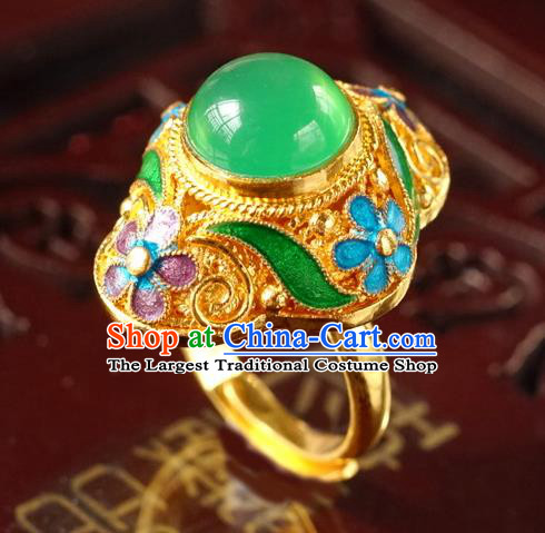 China Traditional Qing Dynasty Empress Circlet Jewelry Golden Ring Ancient Court Woman Chrysoprase Accessories