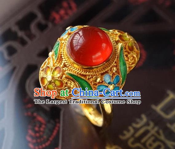 China Ancient Court Woman Carnelian Accessories Traditional Qing Dynasty Empress Circlet Jewelry Golden Ring