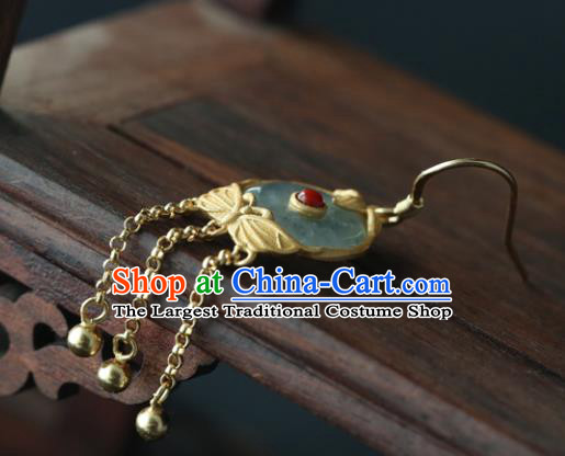 Handmade Chinese Traditional Golden Bells Tassel Earrings Jewelry Cheongsam Jade Ear Accessories