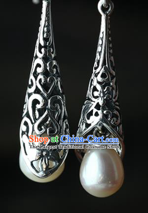Handmade Chinese Ear Accessories Traditional Silver Carving Earrings Cheongsam Pearl Jewelry