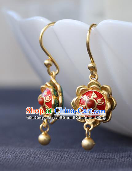 Handmade Chinese Enamel Red Ear Accessories Cheongsam Silver Earrings Traditional Buddhism Mantra Jewelry