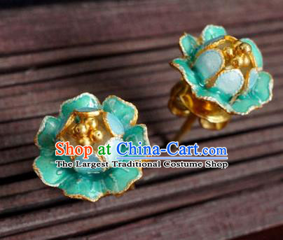 Handmade Chinese Enamel Green Peony Earrings Jewelry Traditional Cheongsam Ear Accessories