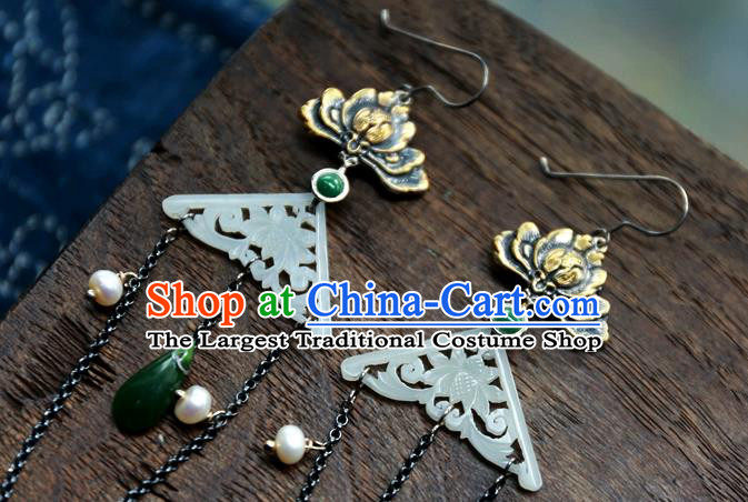 China National Jewelry Traditional Ancient Qing Dynasty White Jade Earrings Handmade Carving Lotus Ear Accessories